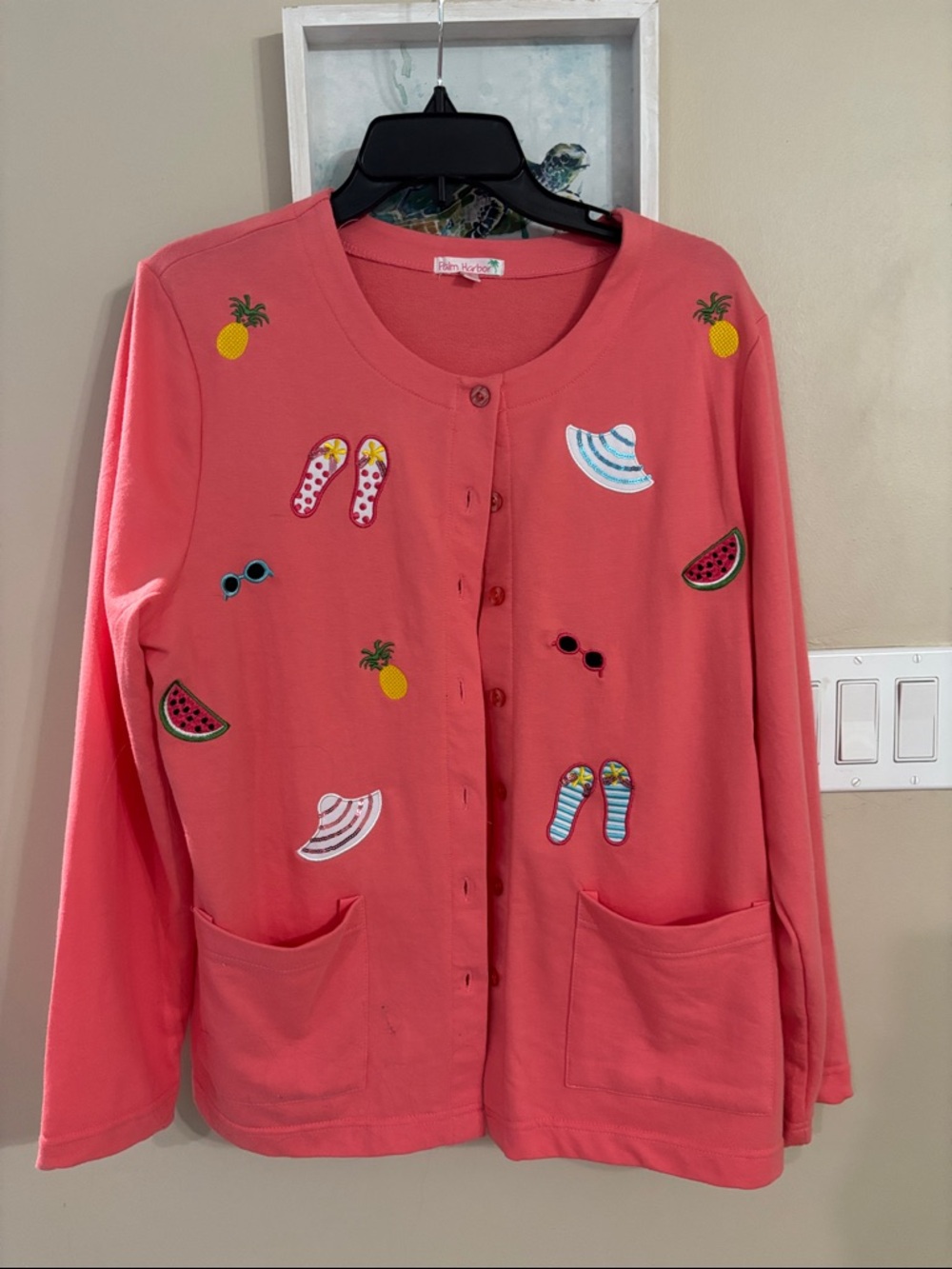 Palm Harbor Coral Embroidered Summer Motif Cardigan euc
